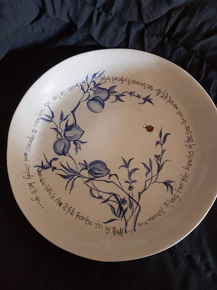 Intricate pottery design created by the owner to honour a friend, showcasing detailed craftsmanship at Clay Magic studio.