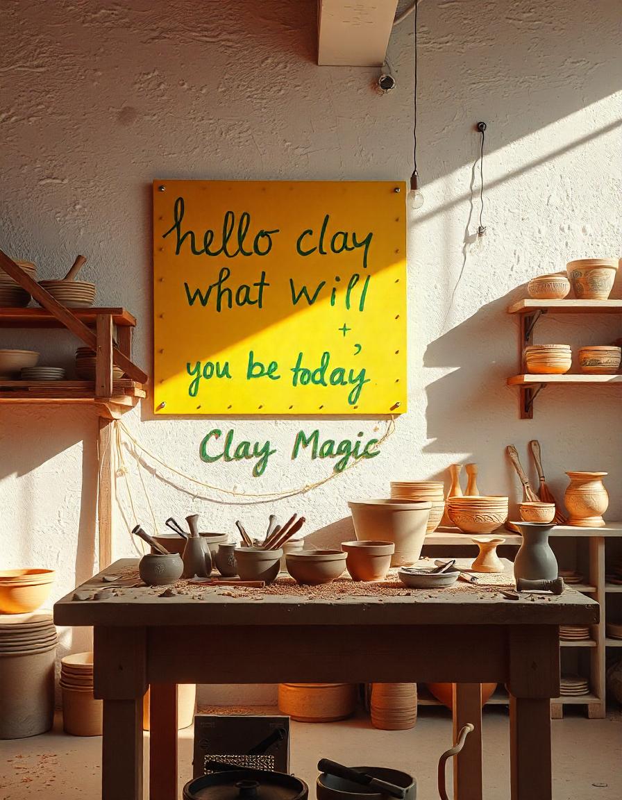 Sign on wall saying, hello clay and what will you be today, at Clay Magic pottery studio.