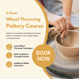 Infographic about the 8-Week Pottery Throwing Course, including centering, shaping, and trimming.