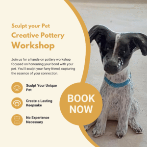 Infographic with details for the Sculpt Your Pet Pottery Workshop, including date, time, location, facilitators, and what participants will create.