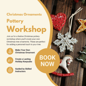 Infographic with details for the Christmas Pottery Workshop: Make Your Own Ornament.