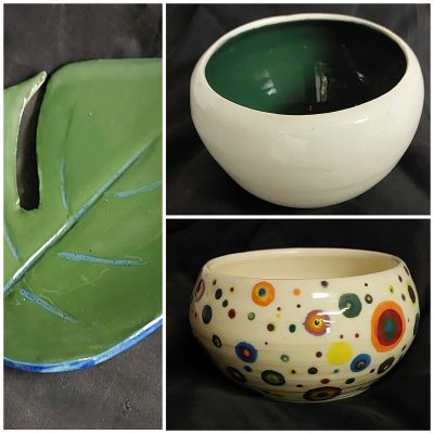 One student's various works displayed at Clay Magic Pottery Studio.