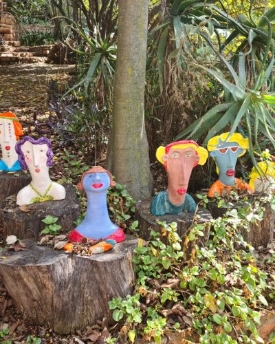 Intricate and abstract pottery pieces created by the owner at Clay Magic studio.