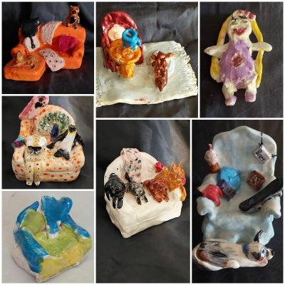 Collage of young students' work at Clay Magic Pottery Studio.